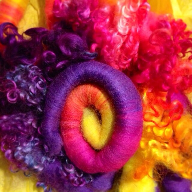 Blue Barn Fibers Neon sunset colorway Polworth silk rolags and Teeswater locks!!!!