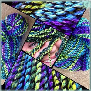 This handspun was a new to me method, out of the book, The Spinners Book of Yarn Design by Sarah Anderson, with the method called the crepe chain ply. Fiber used was Politically Incorrect Fibers -std ball