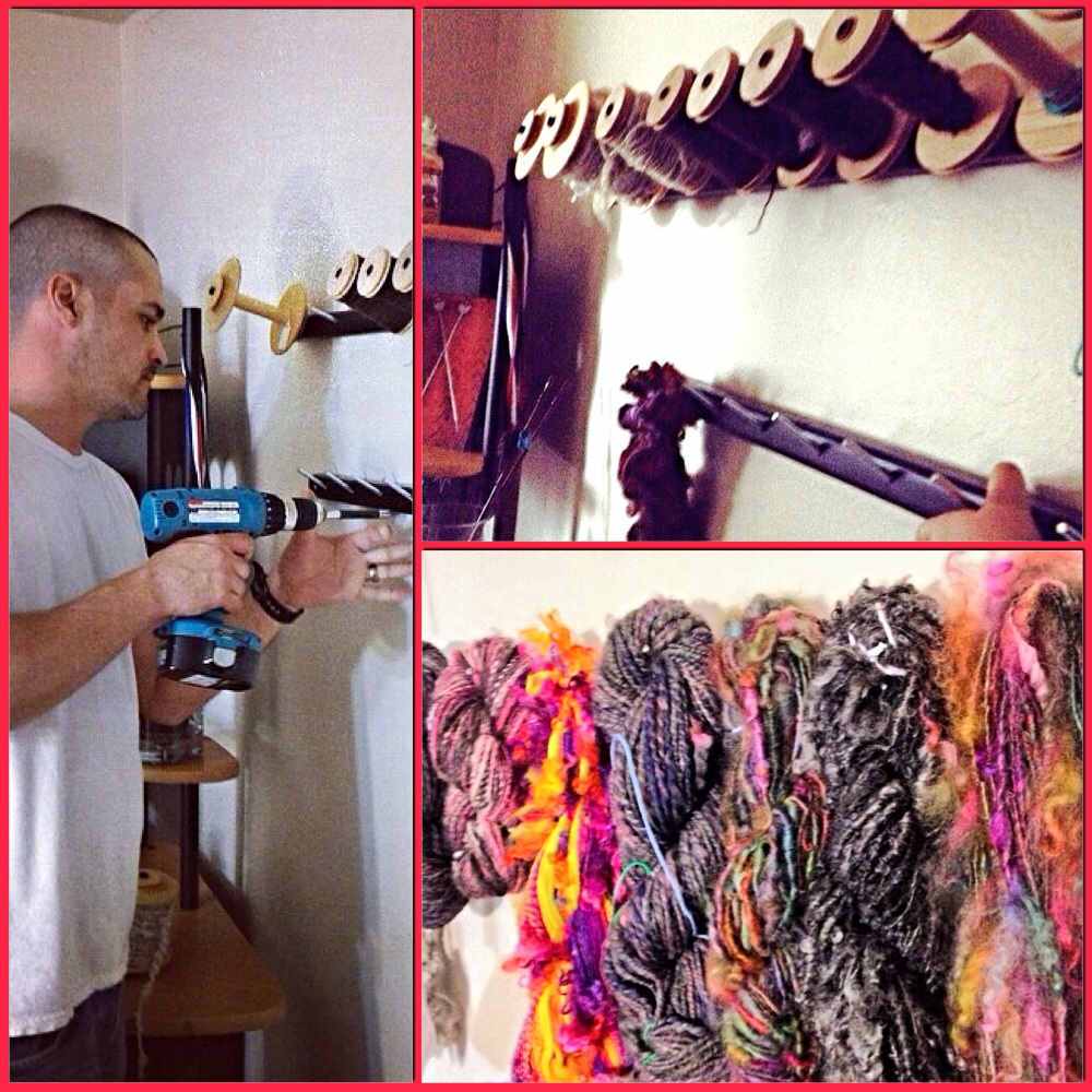 Hubby building me bobbin and handspun wall unit - he is the best. Wait until you see all the other fiber tools he has made me